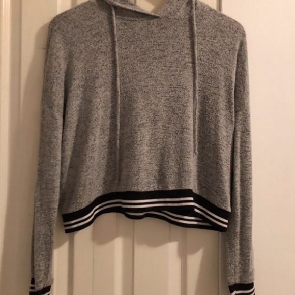 Gray Cropped Hoodie with Black and White stripes - Picture 1 of 1
